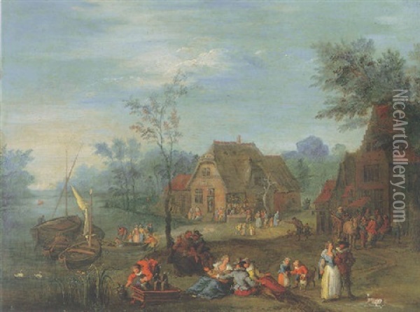 A Village Scene With Boats On A River, Peasants And Elegant Figures Resting In The Open Air Oil Painting - Peter Gysels
