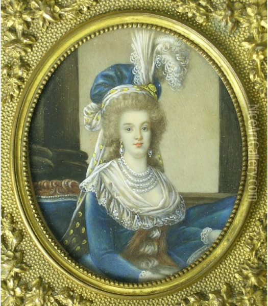 Half Length Study Of A Noble Lady In Blue Satindress And Matching Plumed Headdress Oil Painting - Master Of The Half-Length Figures