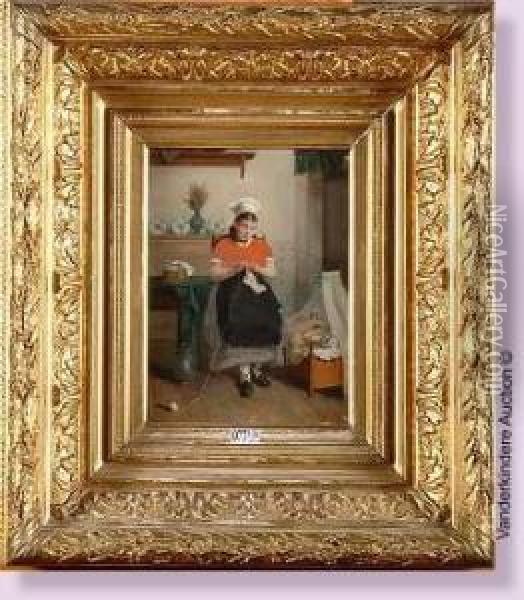 Jeune Fille Gardant Le Bebe En Tricotant Oil Painting - Theodore Reh