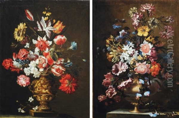 Vases De Fleurs Sur Entablements (pair) Oil Painting - Jaques-Charles Dutillieu