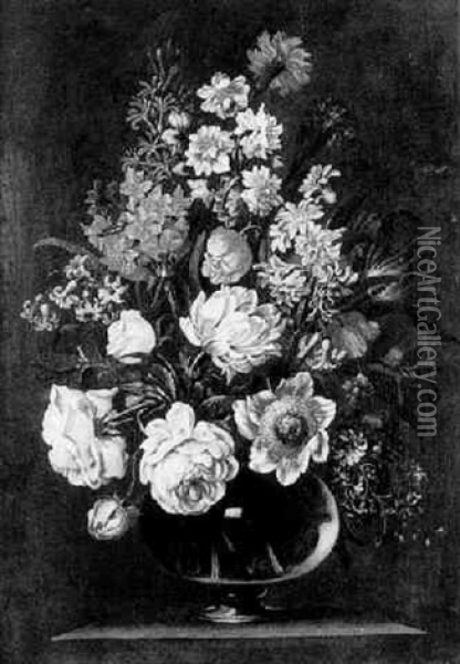 Bouquet De Fleurs Dans Un Vase En Verre Sur Un Entablement Oil Painting - Abraham Brueghel
