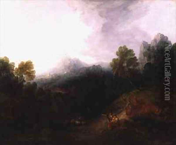 A Mountain Valley with Rustic Figures Oil Painting - Thomas Gainsborough