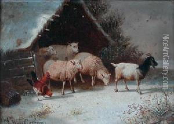 Farm Animals In Winter Landscape Oil Painting - Joseph Van Dieghem
