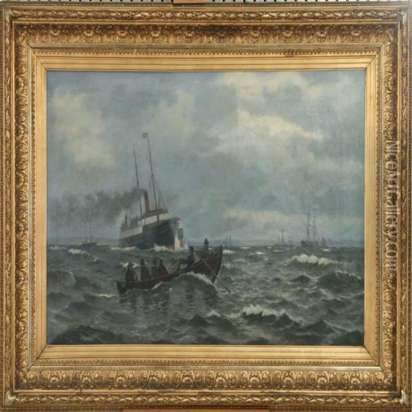 Seascape With Steamer Oil Painting - Christian Vigilius Blache