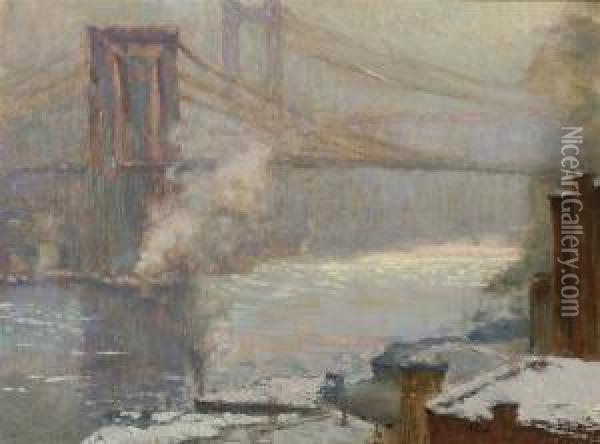 Brooklyn Bridge, Winter Oil Painting - Charles Vezin
