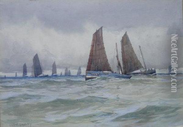 Herring Fleet At Sea Oil Painting - Ernst Dade