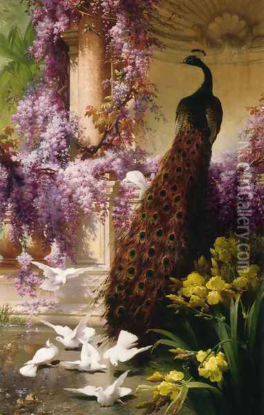 A Peacock and Doves in a Garden Oil Painting - Eugene Bidau