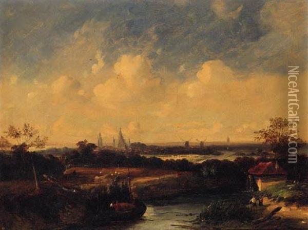 Figures On A Hay Barge With Windmills And A Church Beyond Oil Painting - James Stark