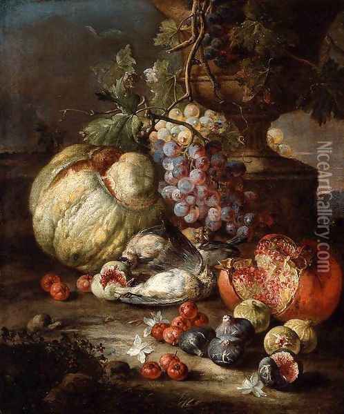 Still-Life with Fruit and Dead Birds in a Landscape Oil Painting - Giovanni Battista Ruoppolo