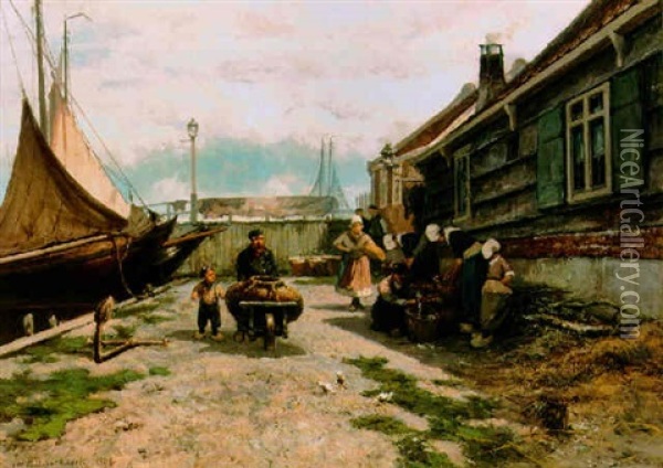 Fisherfolk On A Quay, Marken Oil Painting - Johannes Hermanus Barend Koekkoek