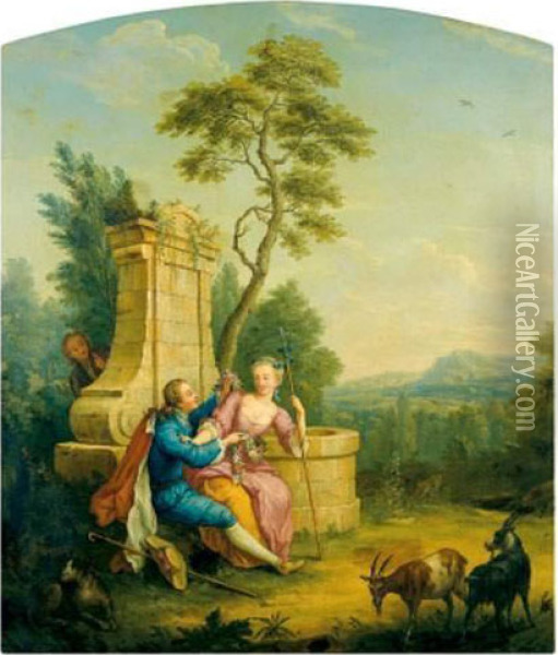 Scene Galante Pres D'une Fontaine Oil Painting - Jean Benard