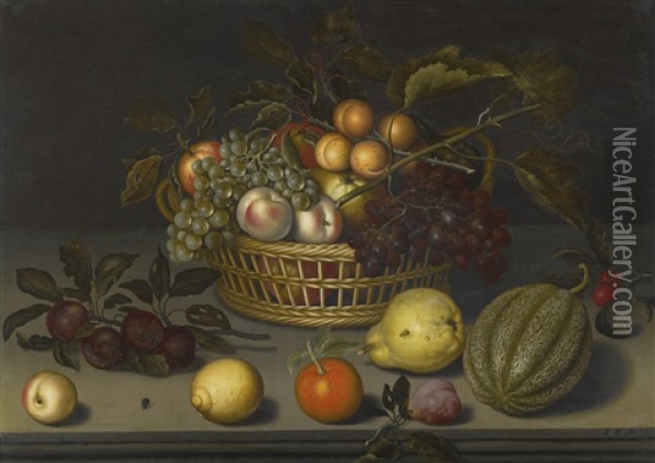 Still Life With Peaches, Apricots And Grapes In A Wicker Basket, With A Melon, A Pear, An Orange And Other Fruit, All Upon A Stone Ledge Oil Painting - Johannes Bosschaert