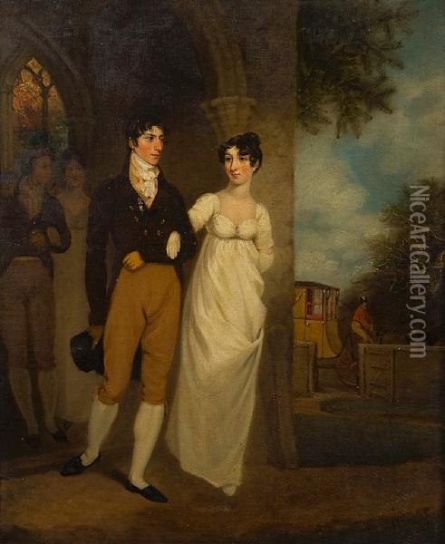 Portrait Of The Artist's Brother And Sister-in-law In The Porch Of Thwaite Church On Their Wedding Day Oil Painting - Joseph Clover