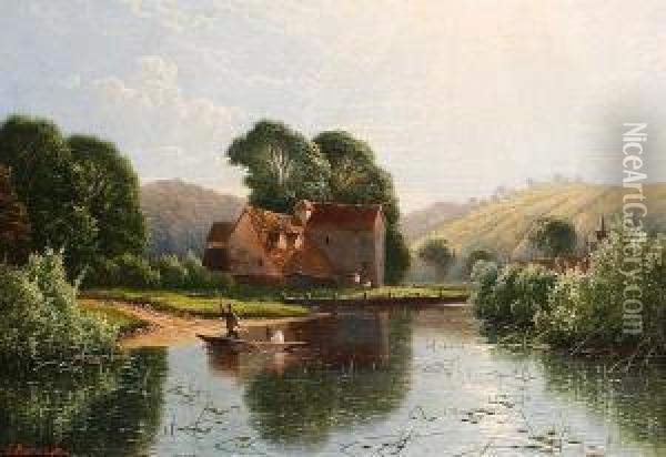 Figures In A Punt In A Summer Landscape Oil Painting - Edwin H., Boddington Jnr.