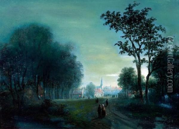 Wandelaars Aan Een Dorpsrand Bij Maanlicht Oil Painting - Pieter Hendrik Thomas