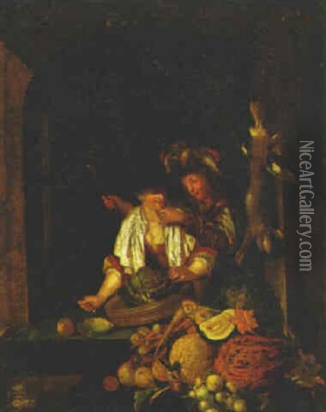 La Marchande De Fleurs Lutinee Par Son Acheteur Oil Painting - Frans van Mieris the Elder