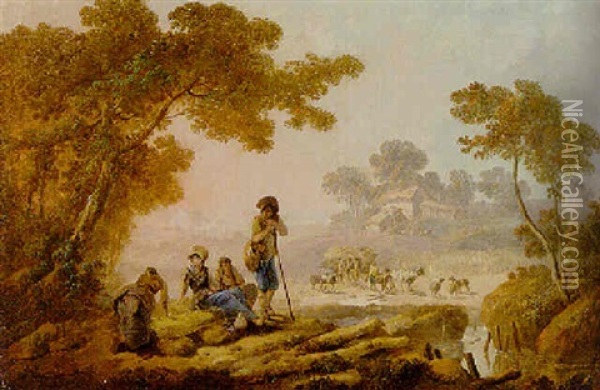 Les Moissonneurs: A Landscape With Harvesters Oil Painting - Jean Baptiste Pillement