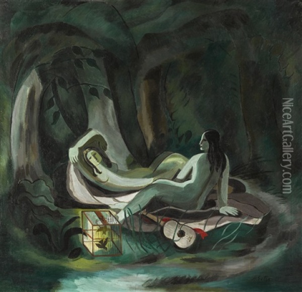 Nudes In An Emerald Forest With Guitar Oil Painting - Alexandra Exter