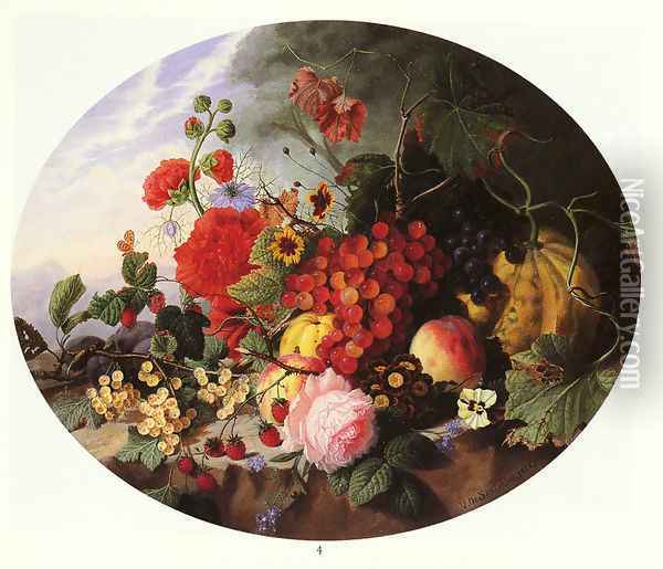 Still Life With Fruit and Flowers on a Rocky Ledge Oil Painting - Virginie de Sartorius