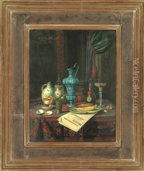 Wine, Jugs, Cups, A Glass, With Fish On A Plate, On A Newspaper, In An Interior Oil Painting - Moritz Mansfeld