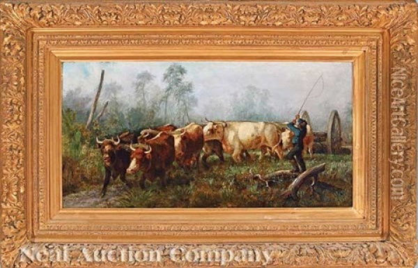 Team Of Oxen Pulling A Logging Cart (florida?) Oil Painting - Johannes Adam Simon Oertel
