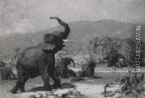 Elefanten Vor Hochgebirgslandschaft (asien) Oil Painting - Erich Kips