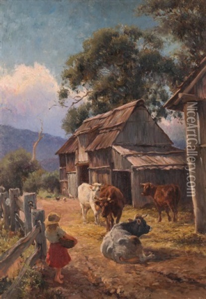 Farm Near The Foothills Of Mount Dandenong Oil Painting - Jan Hendrik Scheltema