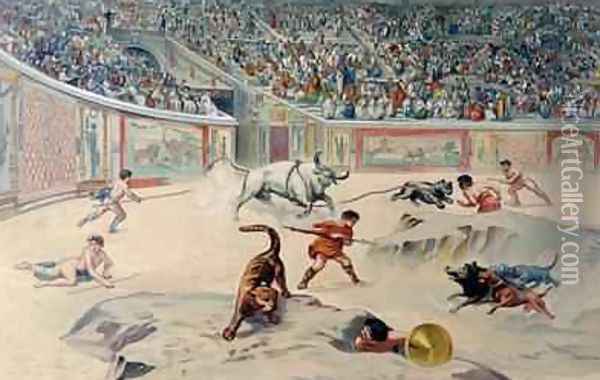 Gladiators Fighting Animals in the circus at Pompeii Oil Painting - Niccolini, Antonio