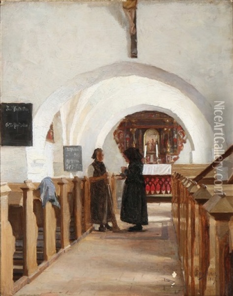 Church Interior With Two Women In Conversation Oil Painting - Peter Vilhelm Ilsted