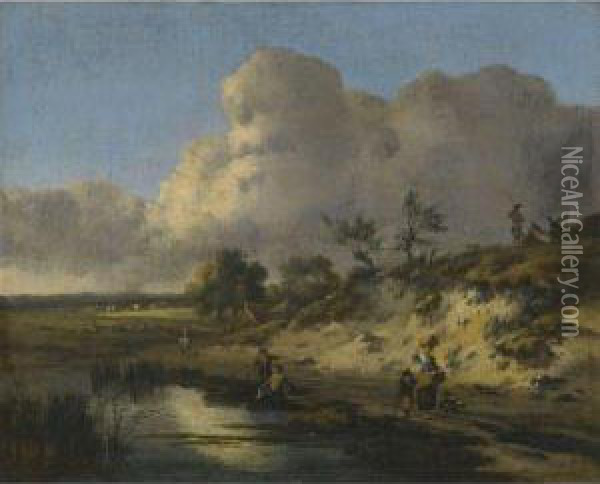 A Dune Landscape With Young Men Fishing, A Homestead And Travellersbeyond Oil Painting - Jan Wijnants