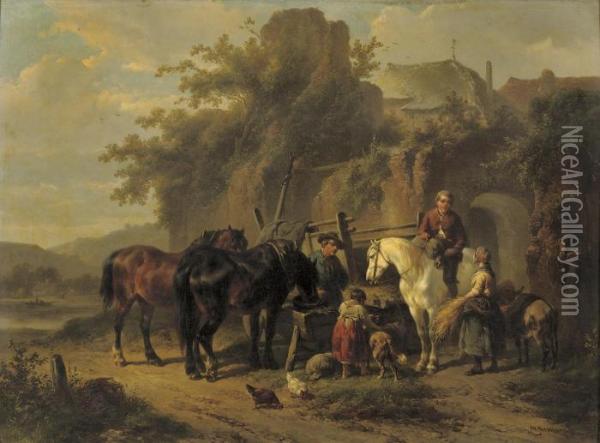 Feeding The Horses By An Old Town Wall Oil Painting - Wouterus Verschuur