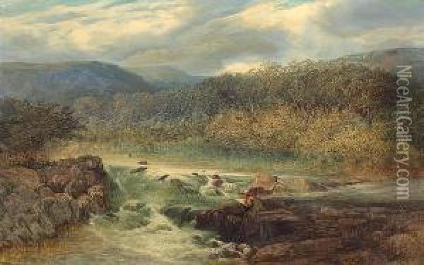 A River Landscape With An Artist Sketching Ona Rock Mid-stream Oil Painting - Joseph Paul Pettitt