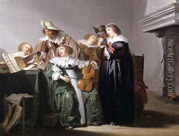 Elegant Figures Music Making in an Interior Oil Painting - Pieter Codde