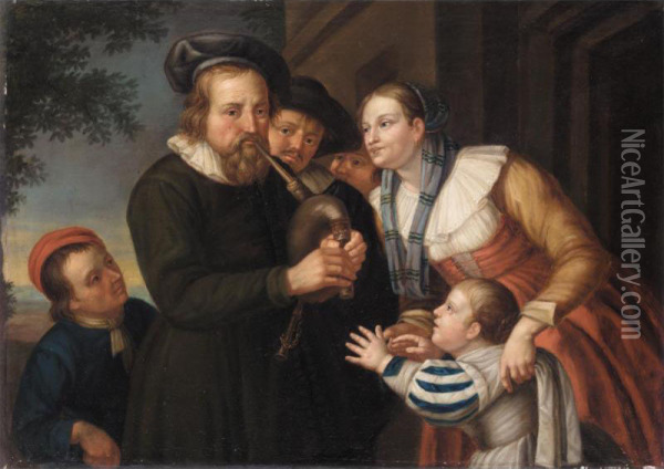 A Man Playing The Pipes Together With A Family Before A Cottage Oil Painting - Dominik Kottula