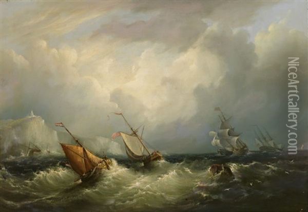 Britische Und Hollandische Schiffe In Sturmischer See Vor Steilkuste Oil Painting - Frederick Calvert