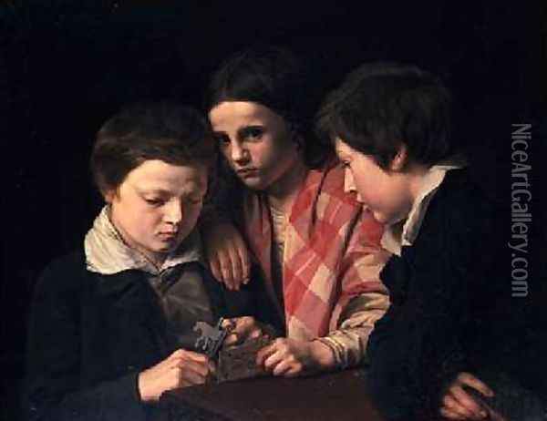 Portrait of the Artists Three Children Playing at a Table 1841 Oil Painting - Anders Lundqvist