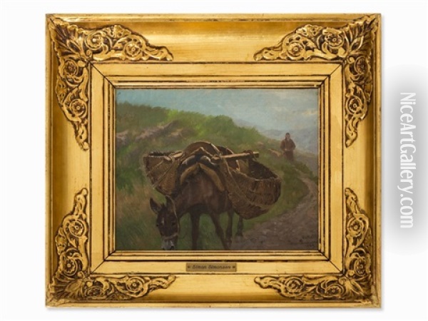 Donkey With Farmer Oil Painting - Simon Simonsen