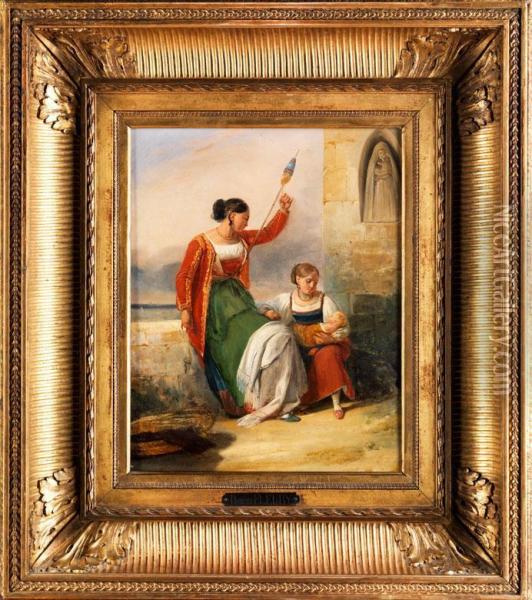 Zwei Junge Frauen Mit Einem Wickelkind An Einer Mauer Oil Painting - Joseph-Nicolas Robert-Fleury