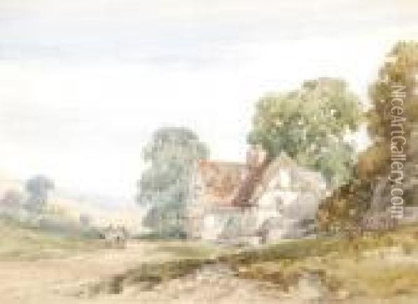 Figures By A Thatched Cottage In A Landscape Oil Painting - William Callow
