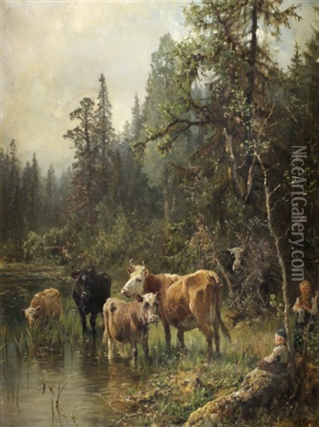 Morgon Vid Skogssjon Oil Painting - Anders Monsen Askevold