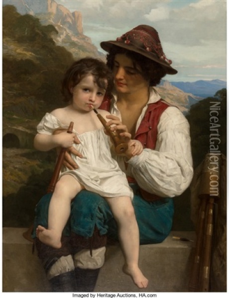 La Lecon De Flute Oil Painting - William-Adolphe Bouguereau