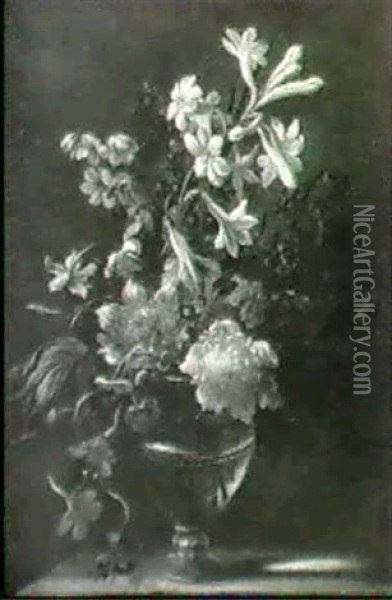 Bouquet De Fleurs Dans Un Vase En Verre Sur Un Entablement Oil Painting - Nicolas Baudesson