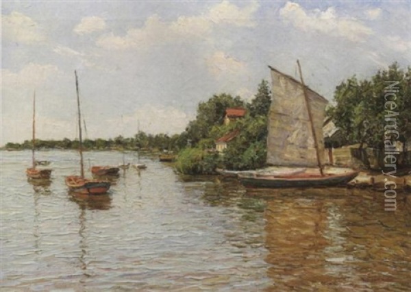Segelboote Am Ufer Der Wolga Oil Painting - Serguei Ivanovitch Lobanoff