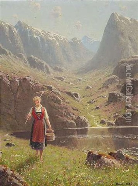 Junge Norwegische Bauerin In Gebirgslandschaft Oil Painting - Hans Dahl