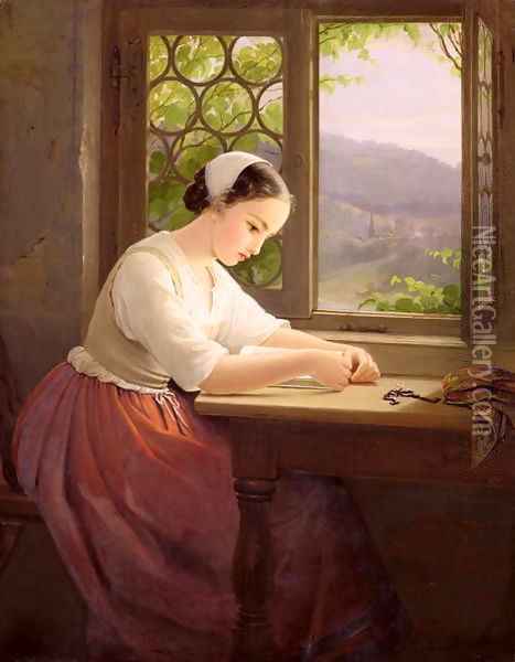 Girl reading by an open window Oil Painting - Caroline von der Embde