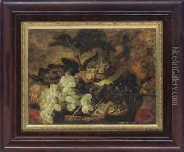 Red And White Grapes In A Wicker Basket Oil Painting - Joris Van Son