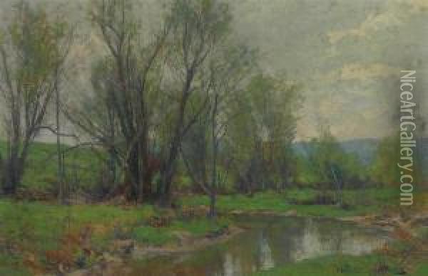 A Meadow Stream Oil Painting - Hugh Bolton Jones