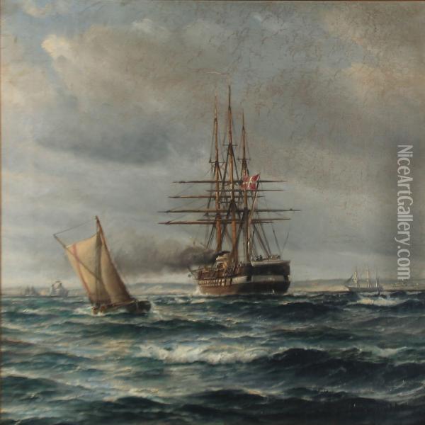 Seascape With The Danish Frigate Jylland Oil Painting - Vilhelm Bille