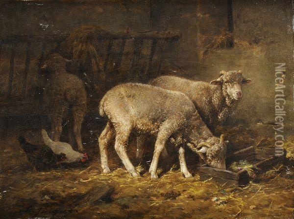 Moutons Et Poules Dans La Bergerie Oil Painting - Charles Emile Jacque