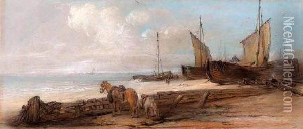 Fisherman With Boats Beyond Oil Painting - Edward Robert Smythe